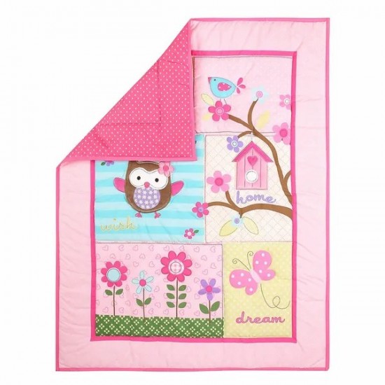 Pink Owl Crib Bedding Sets for Baby Girls | 3 Piece Nursery Set | Crib Comforter, Fitted Crib Sheet, Crib Skirt Included