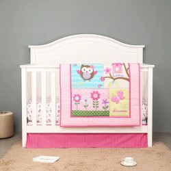 Pink Owl Crib Bedding Sets for Baby Girls | 3 Piece Nursery Set | Crib Comforter, Fitted Crib Sheet, Crib Skirt Included