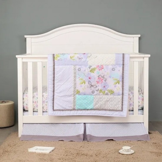 3piece Purple Floral Baby Girl Nursery Unisex Toddler Bedding Set for Boys and Girls, Comforter, Fitted Crib Sheet and Crib Skirt