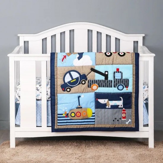 3Piece Baby Nursery Baby Crib Bedding Set Navy Blue Standard Size Crib Set Soft Cotton ,Includes Quilt, Fitted Sheet, Dust Ruffle