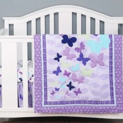 3Piece Purple Baby Girl Nursery Crib Bedding Set Cotton Crib Toddler Bedding Skirts for Baby Boys or Girls ,Includes Quilt, Fitted Sheet, Du