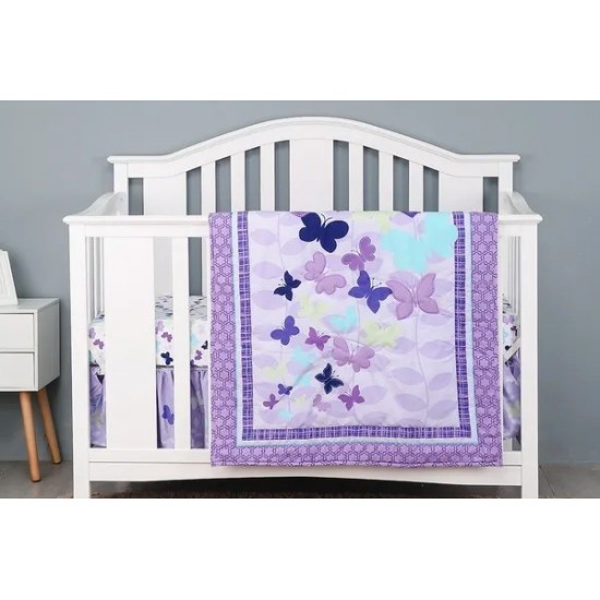 3Piece Purple Baby Girl Nursery Crib Bedding Set Cotton Crib Toddler Bedding Skirts for Baby Boys or Girls ,Includes Quilt, Fitted Sheet, Du
