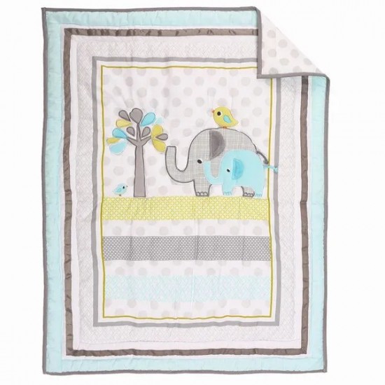 Elephant 3Piece Baby Nursery Crib Bedding Set for Boys Jungle Animal Safari Theme with Comforter Fitted Sheet Bed Skirt