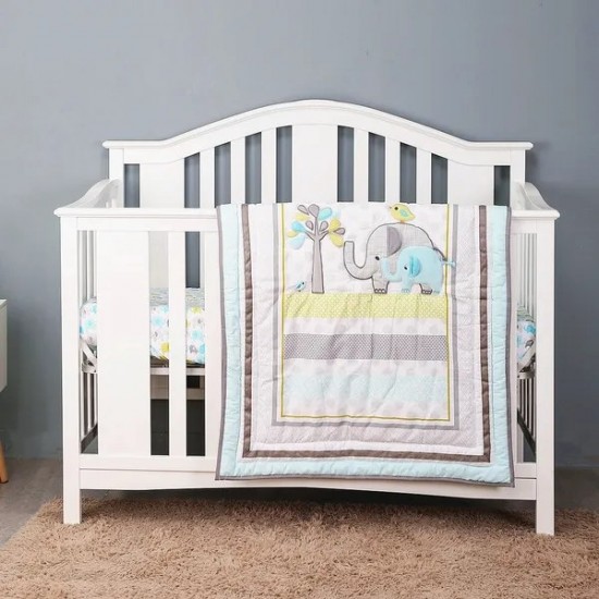 Elephant 3Piece Baby Nursery Crib Bedding Set for Boys Jungle Animal Safari Theme with Comforter Fitted Sheet Bed Skirt