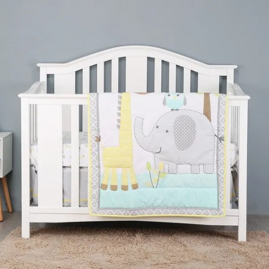 Elephant Crib Bedding for Boys And Girl Nursery Bedding Set Cotton Baby Crib Set Includes Baby Bed Quilt, Fitted Sheet, Dust Ruffle 3Piece w