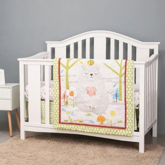 Crib Bedding Set 3 pcs Machine Washable,For Standard Crib Baby Nursery Bedding Sets Includes Baby Bed Quilt, Fitted Sheet, Dust Ruffle 3Piec