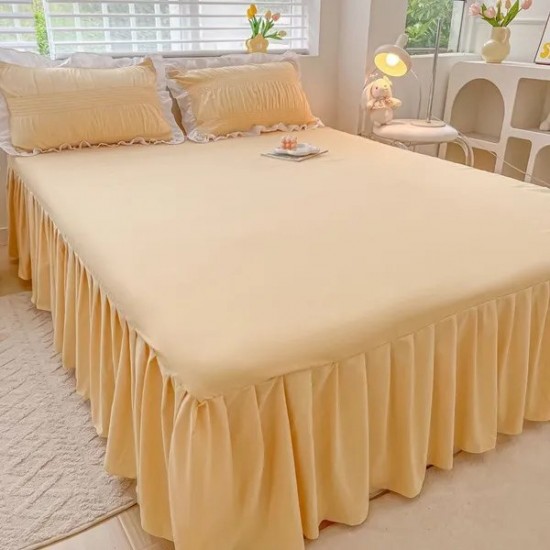 Princess Style Ruffled Bed Skirt Set - 100% Cotton Washed Quilt Cover with Non-Slip Sheet, All-Season Bedding