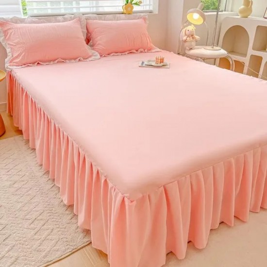 Princess Style Ruffled Bed Skirt Set - 100% Cotton Washed Quilt Cover with Non-Slip Sheet, All-Season Bedding