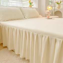 Princess Style Ruffled Bed Skirt Set - 100% Cotton Washed Quilt Cover with Non-Slip Sheet, All-Season Bedding