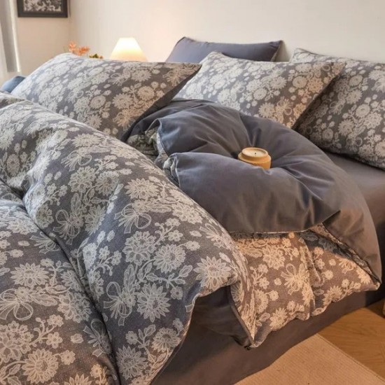 Luxury 100% Cotton Flannel Bedding Set – Vintage Elegance with Fitted Sheet & Duvet Cover
