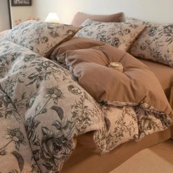Luxury 100% Cotton Flannel Bedding Set – Vintage Elegance with Fitted Sheet & Duvet Cover