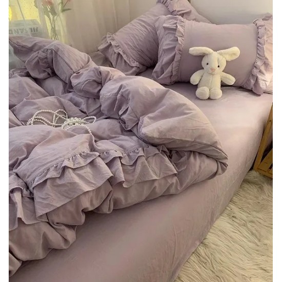 Purple Aesthetic Bedding Set 4-Piece | Washed Cotton Dorm Bed Sheets & Pillowcases | Soft Girl Core Comforter Set with Fitted Sheet Option