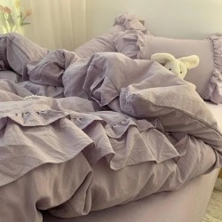 Purple Aesthetic Bedding Set 4-Piece | Washed Cotton Dorm Bed Sheets & Pillowcases | Soft Girl Core Comforter Set with Fitted Sheet Option