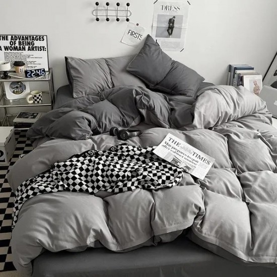 Bare-Skin Soft Pure Washed Cotton 4-Piece Bedding Set, Skin-Friendly Comfy Sheet & Duvet Cover, Minimalist Dorm Bedding with Fitted Sheet Op